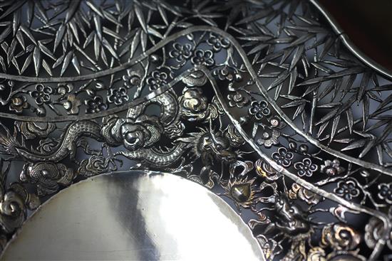 A late 19th/early 20th century Chinese Export pierced silver dish by Wang Hing, Hong Kong, 19 oz.